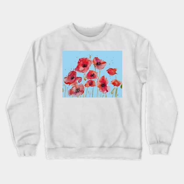 Red Poppy Watercolor Painting on Pastel Blue Crewneck Sweatshirt by SarahRajkotwala